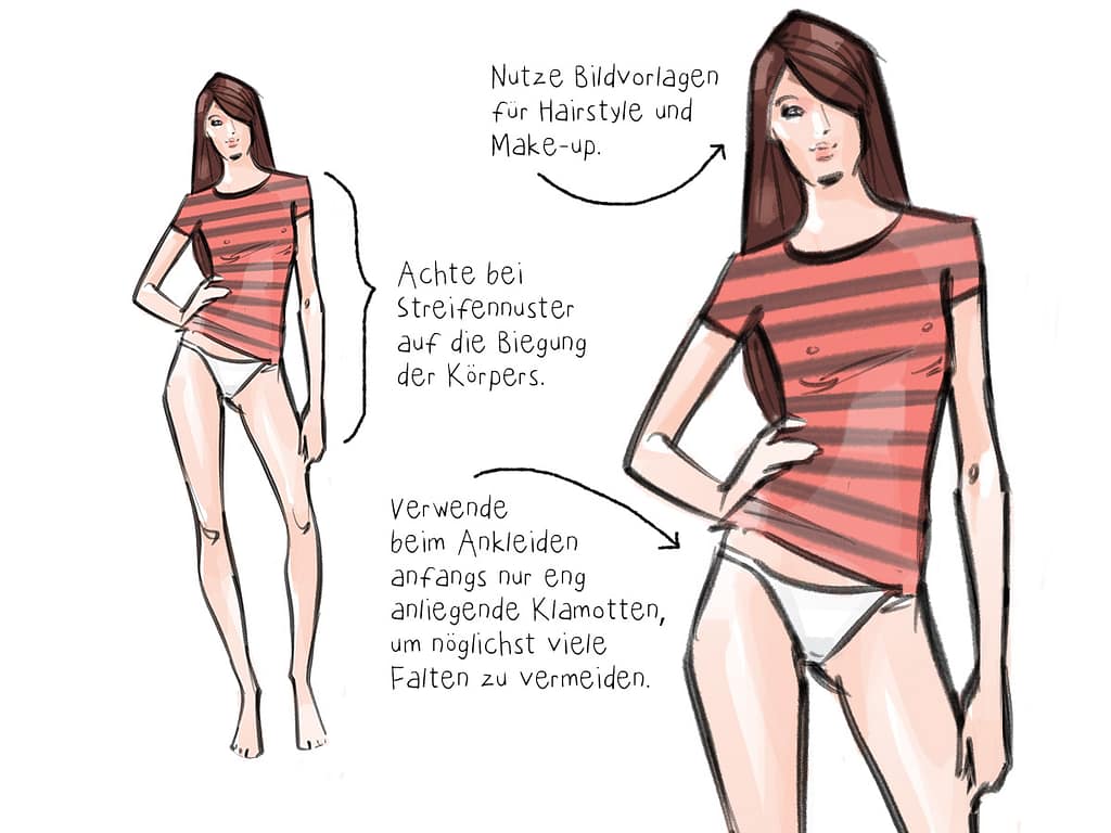 Die fertige Fashionskizze kann nachträglich digital nachbearbeitet werden.